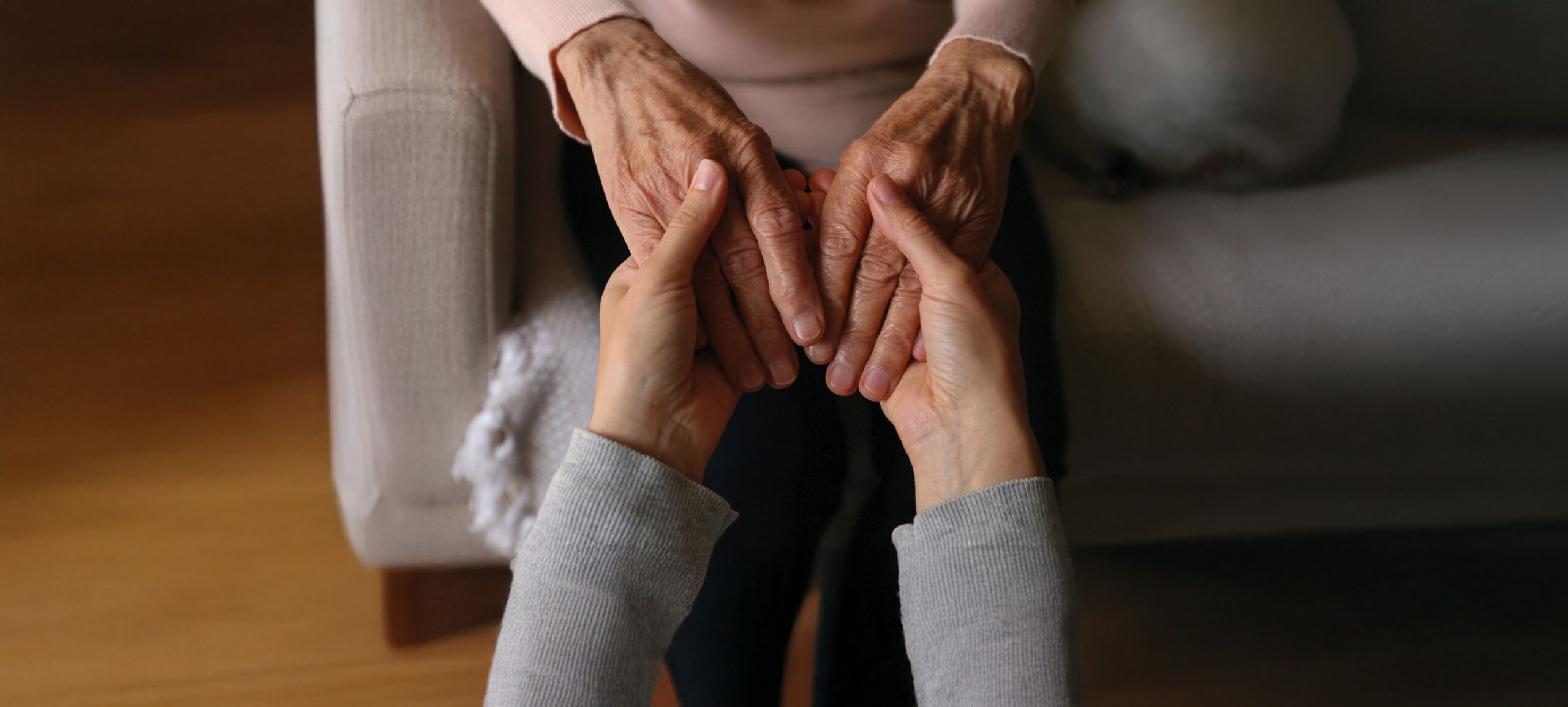 Caregiver gently holding an elderly person’s hands in a comforting moment