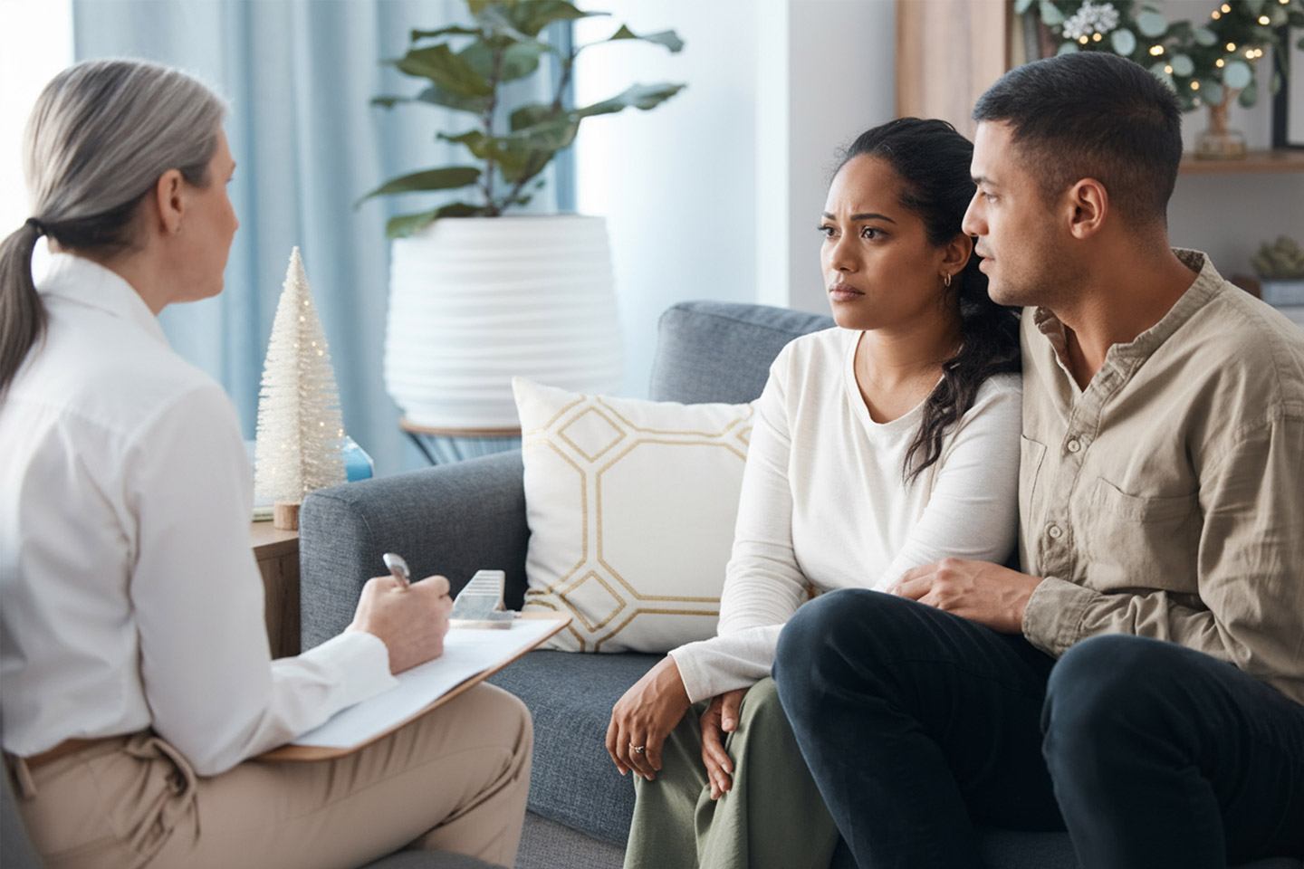 Care provider meeting with a couple in their home, listening attentively and offering guidance during a serious conversation