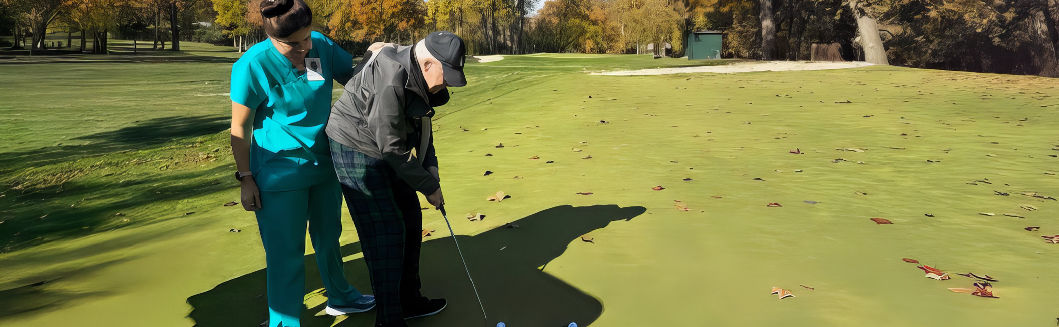 Caregiver standing beside an older man as he practices putting on a golf green, supporting him in a familiar outdoor activity