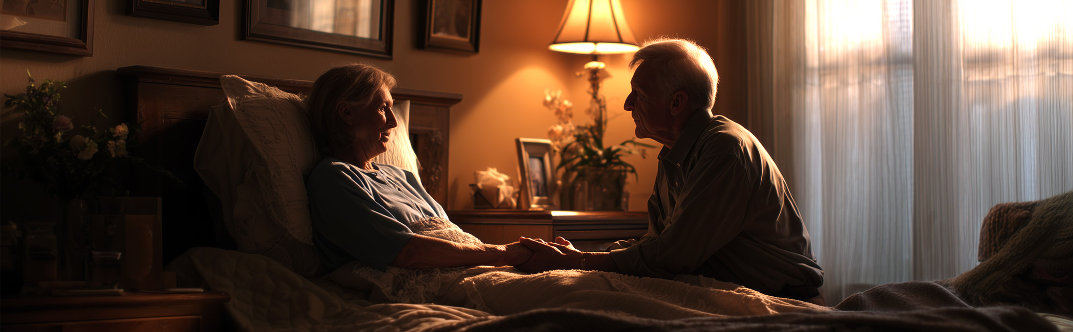 Older couple holding hands at the bedside, sharing a calm and intimate moment of connection in a softly lit room