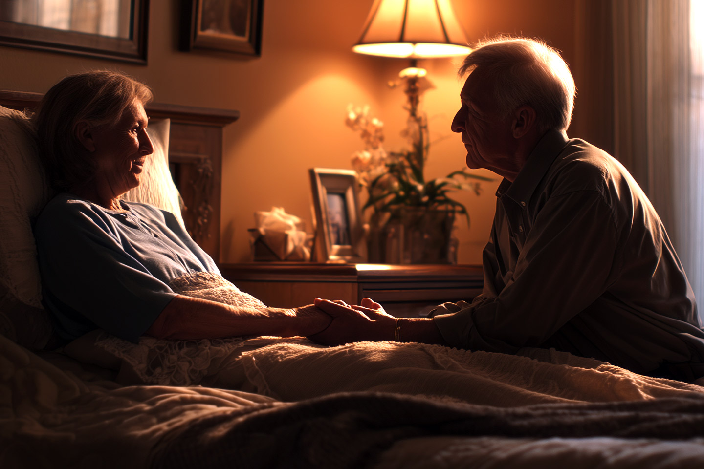 Older couple holding hands at the bedside, sharing a calm and intimate moment of connection in a softly lit room