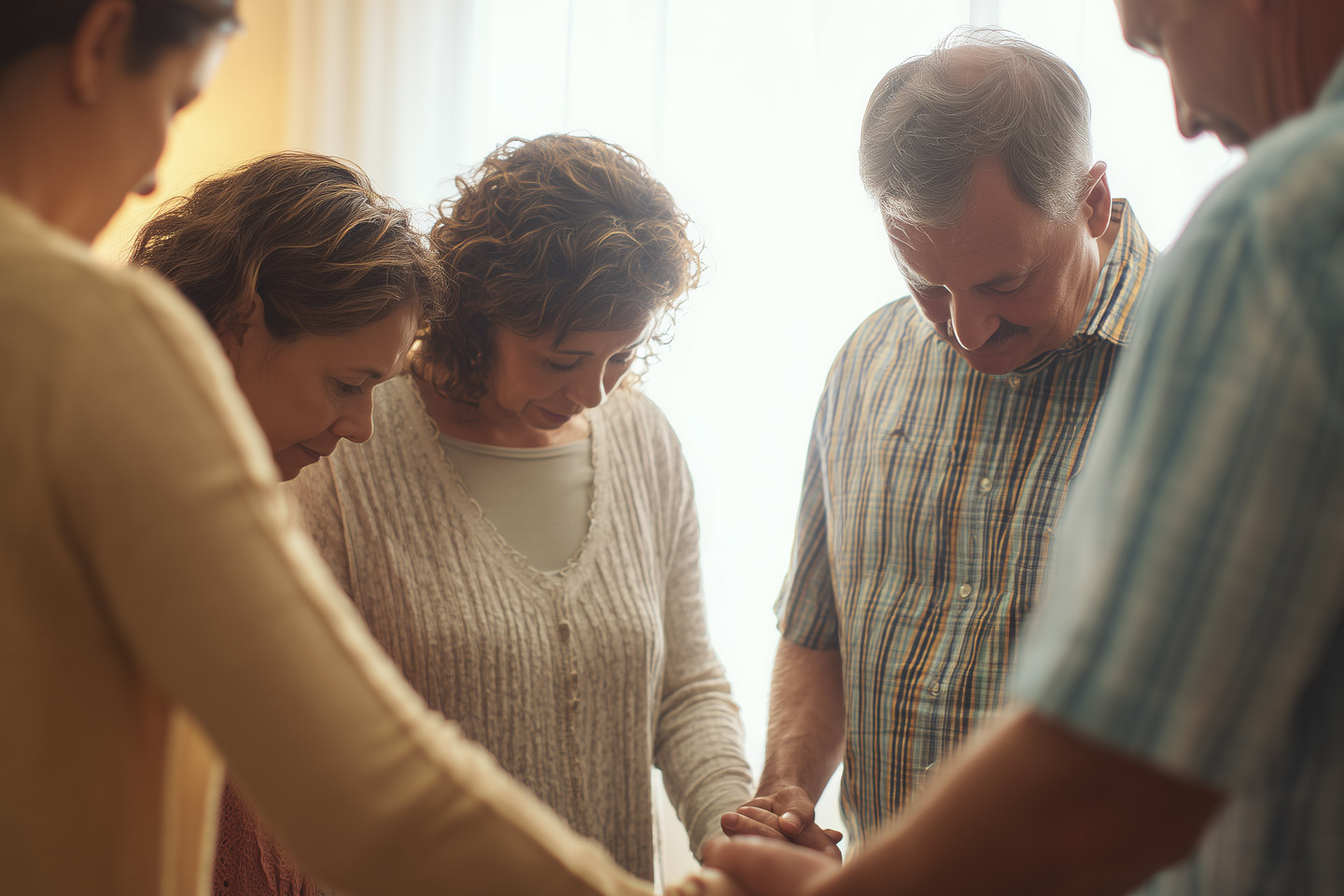 Family members standing together holding hands in prayer, sharing a quiet moment of unity and support
