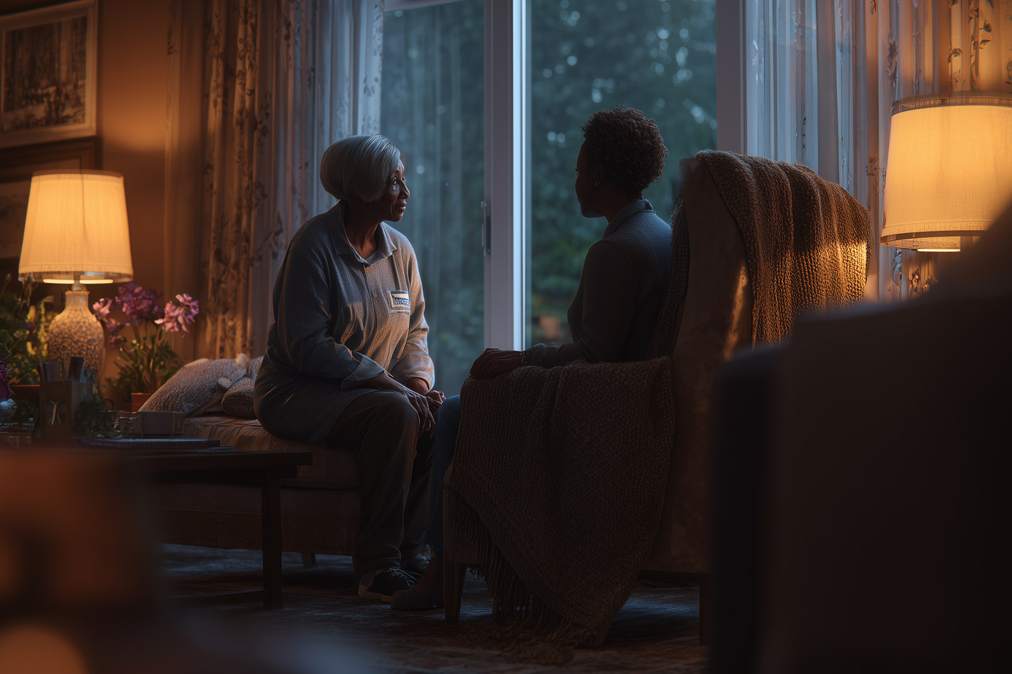 Caregiver and older woman sitting together by a window at dusk, sharing a quiet and attentive conversation in a peaceful setting
