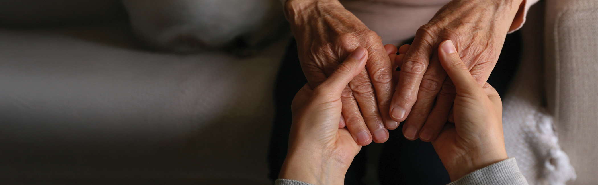Caregiver gently holding a patient’s hands, offering steady comfort and reassurance during a moment of care